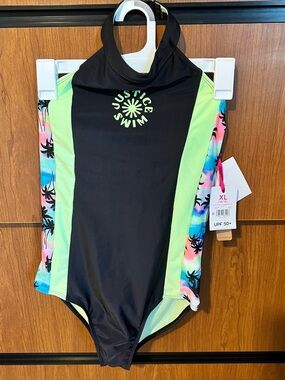 NWT Justice Girls Black & Neon Green One-Piece Swimsuit Tropical Side Panels